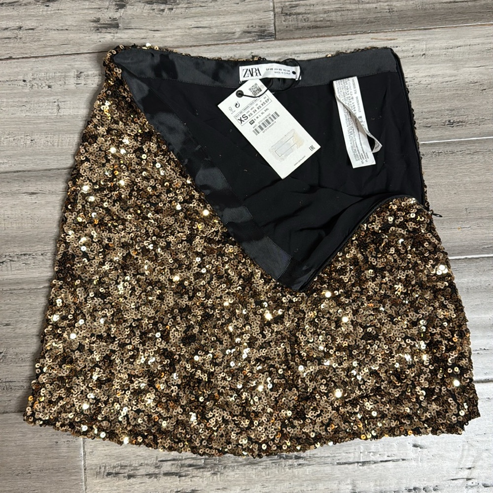 ZARA GOLD SEQUIN MINI SKIRT SPARKLY PARTY GLAM CLUB WEAR SIZE XS **NWT** - Picture 7 of 12